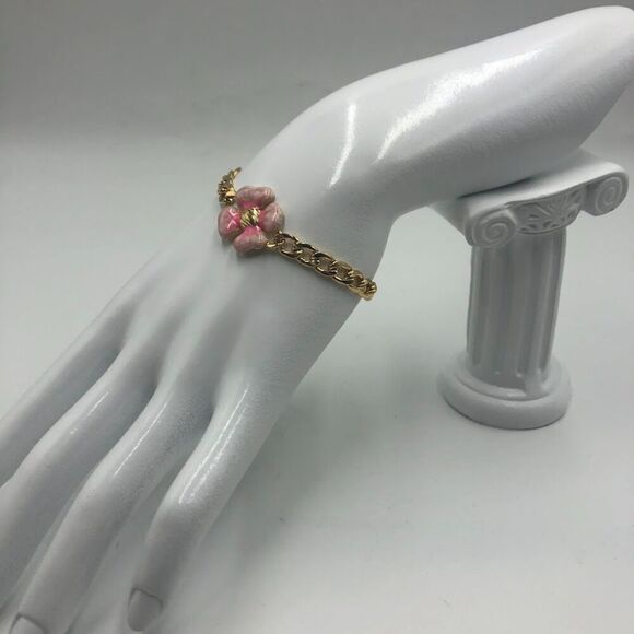 18K Gold Plated Women's Bracelet with Pink Flower Hypoallergenic Waterproof - Picture 6 of 10
